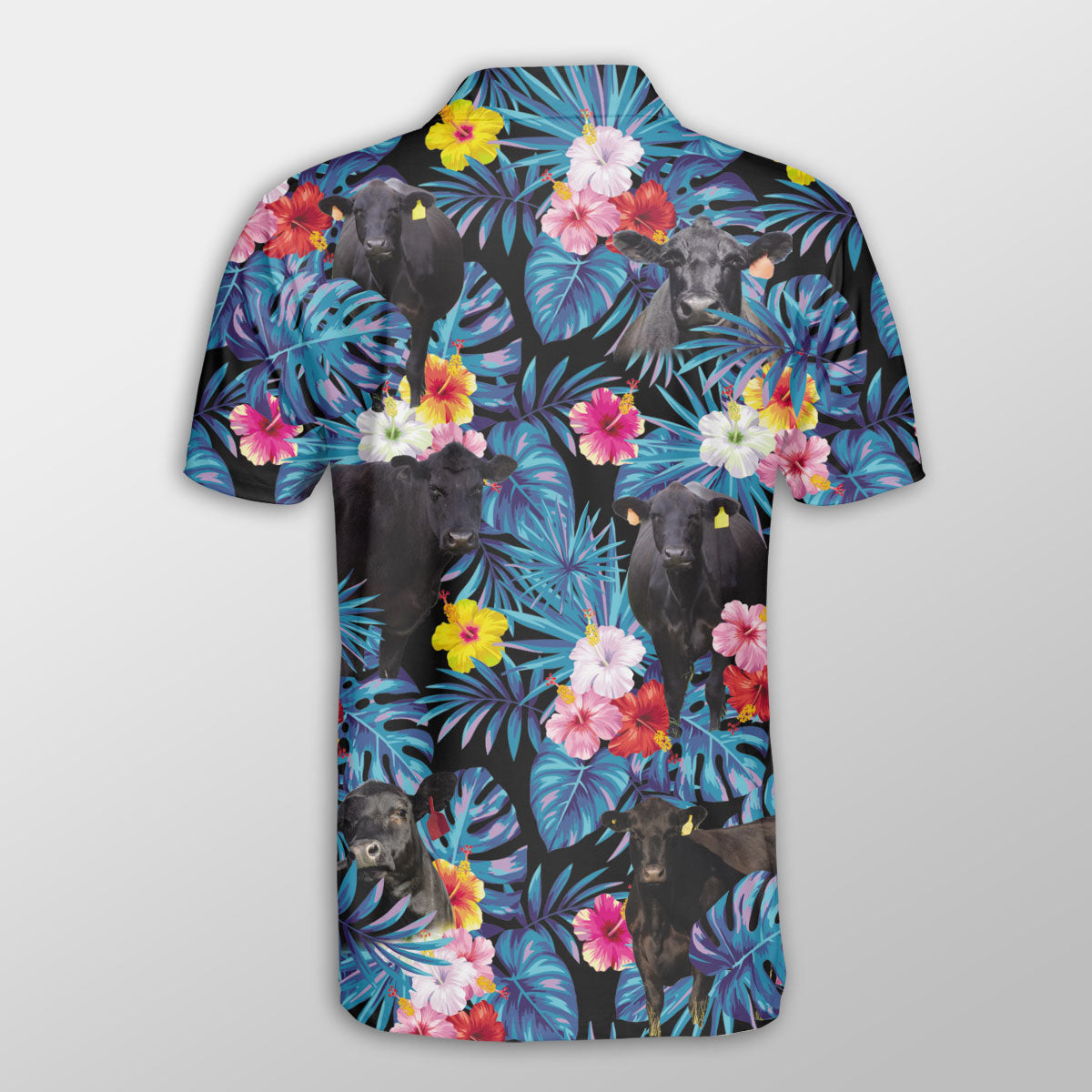 Black Angus Tropical Flowers Leaves Pattern Button Polo Shirt/ Cow Polo Shirt/ Gift for Farmers
