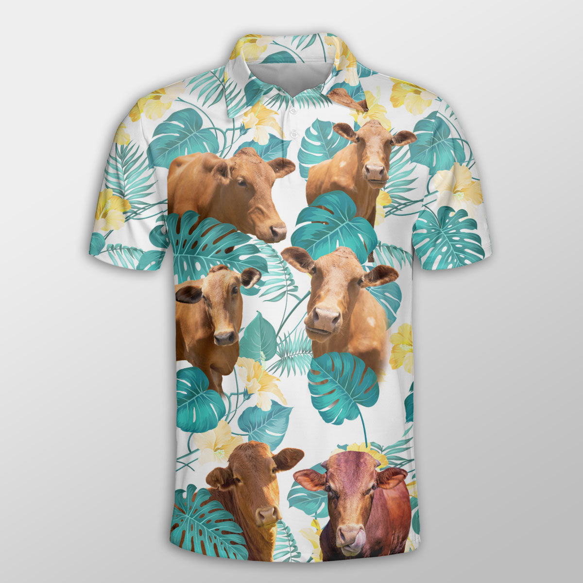 Black Angus In Tropical Leaves Pattern Button Polo Shirt/ Idea Shirt for Cow Farmer
