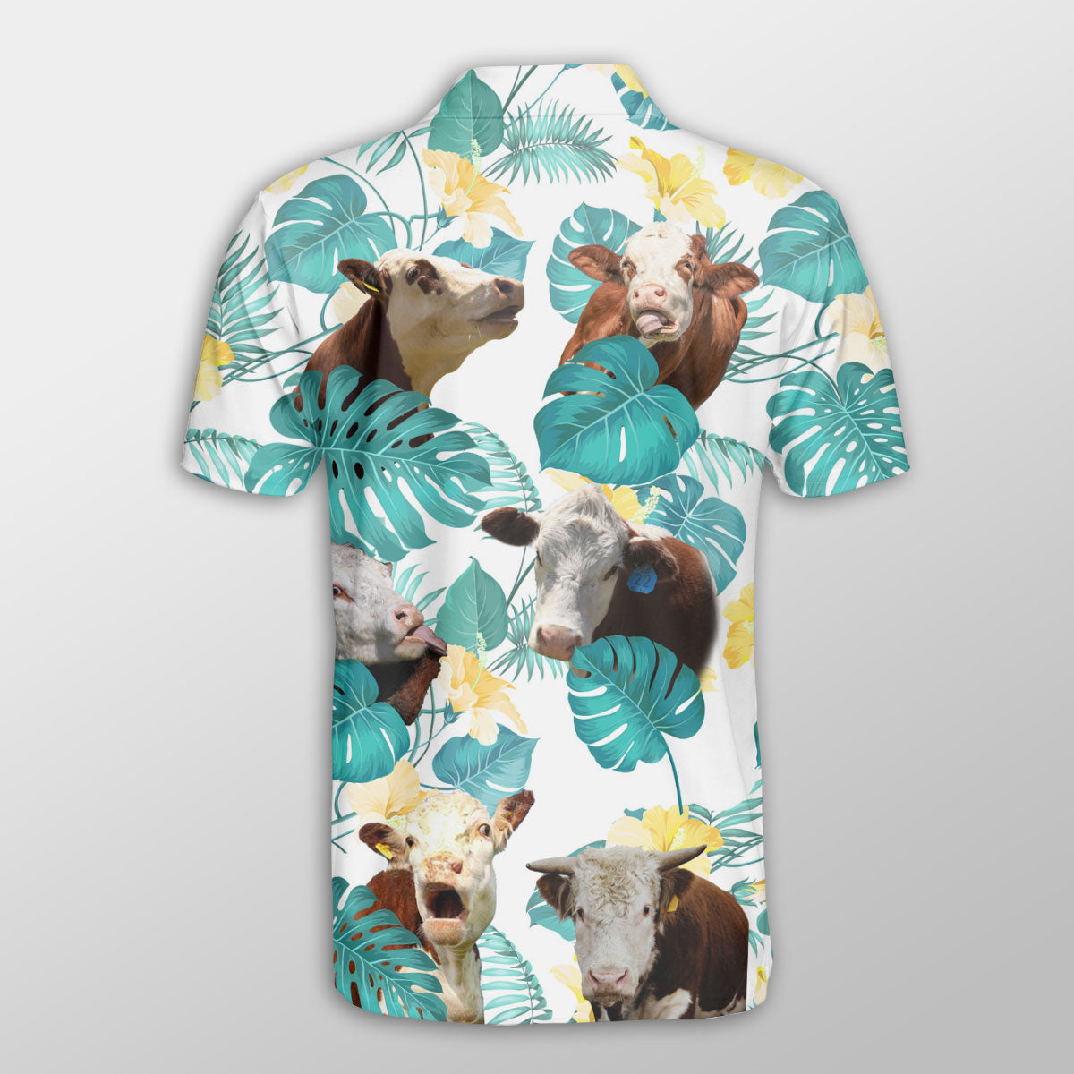 Hereford In Tropical Leaves Pattern Button Polo Shirt/ Idea Shirt for Cow Farmer