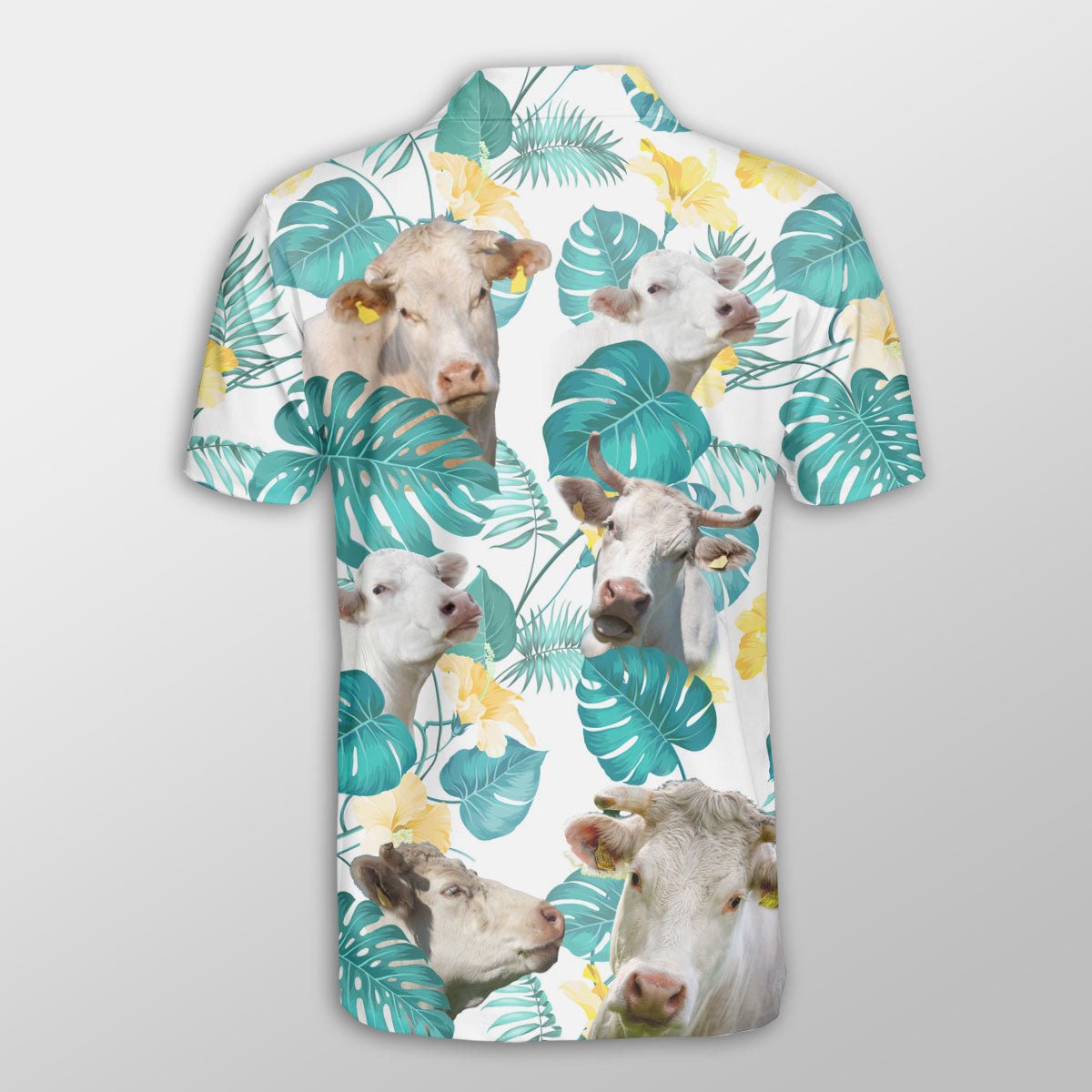 Charolais In Tropical Leaves Pattern Button Polo Shirt/ Cow Farm Shirt