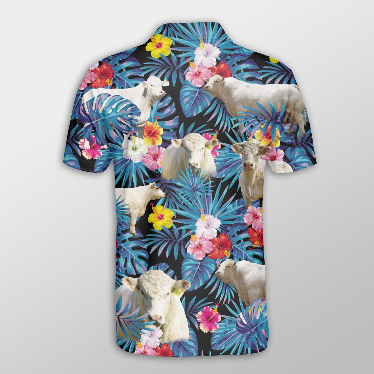 Charolais Tropical Flowers Leaves Pattern Button Polo Shirt/ Cow Polo Shirt/ Gift for Farmers
