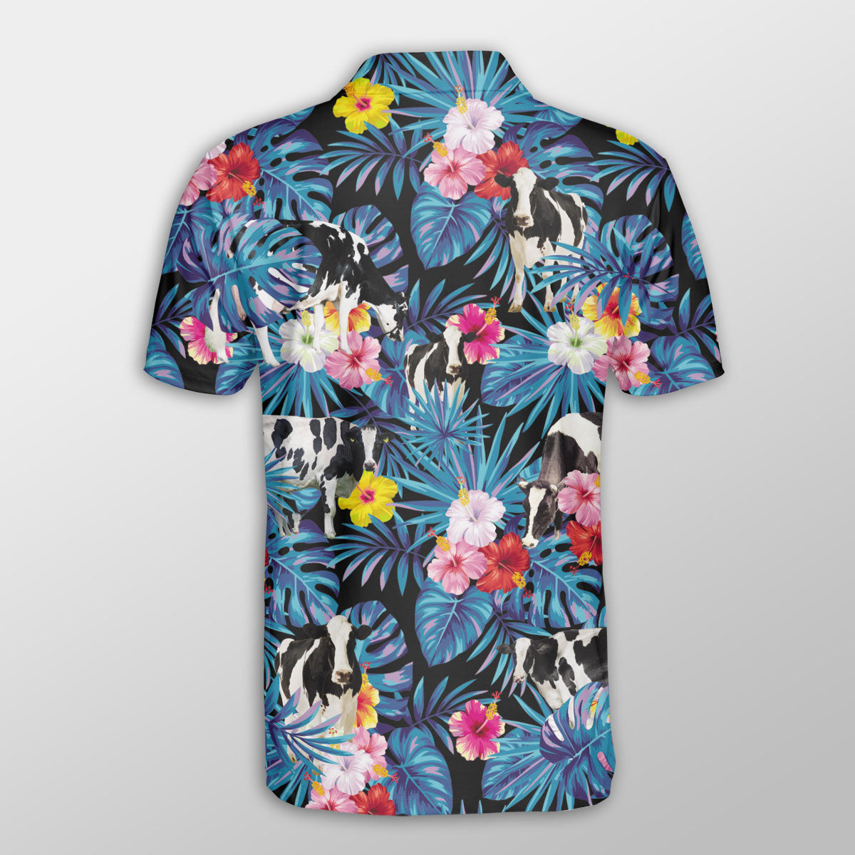Holstein Tropical Flowers Leaves Pattern Button Polo Shirt/ Cow Polo Shirt/ Gift for Farmers