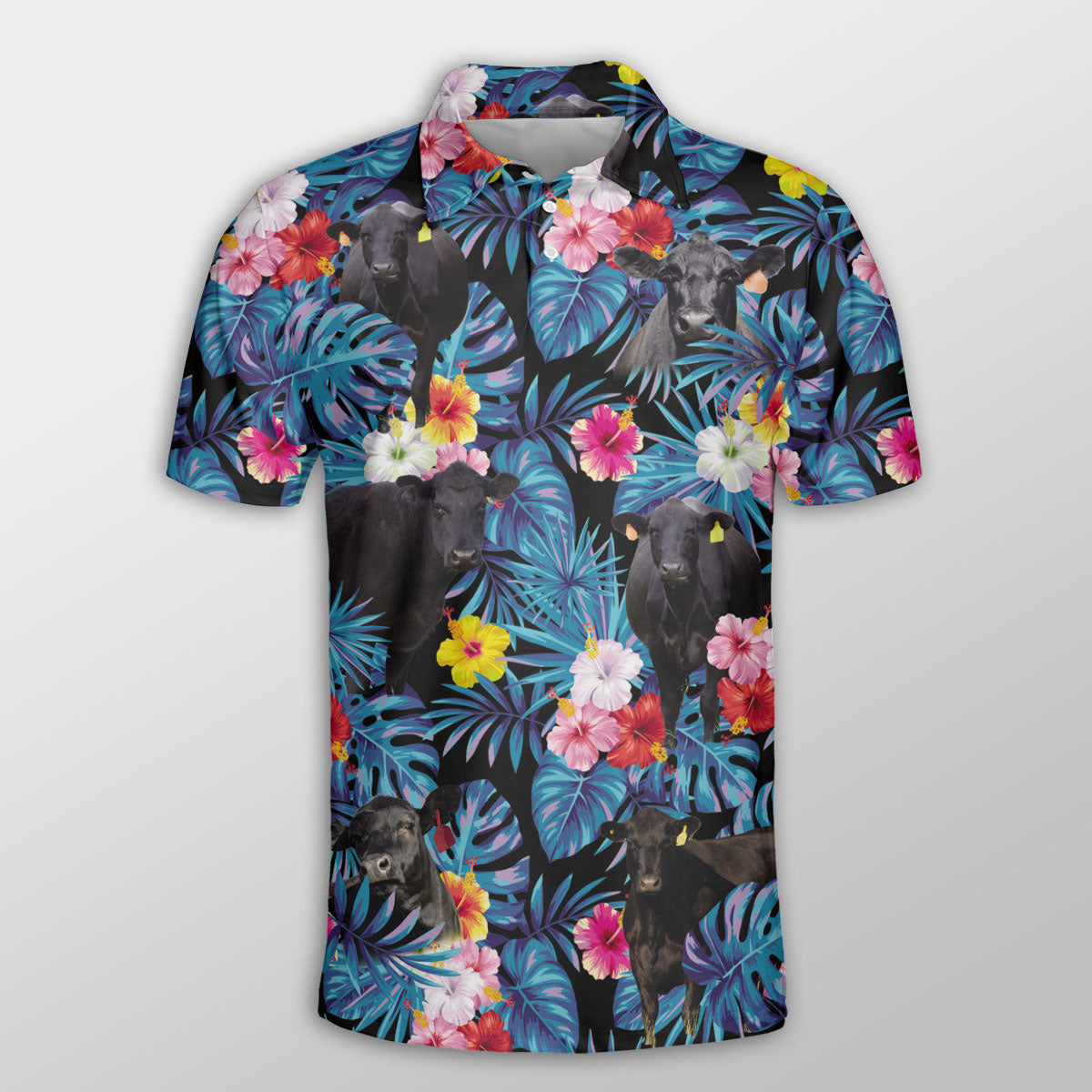 Black Angus Tropical Flowers Leaves Pattern Button Polo Shirt/ Cow Polo Shirt/ Gift for Farmers