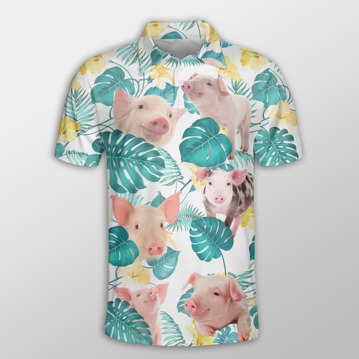 Pig In Tropical Leaves Pattern Button Polo Shirt/ Shirt for Farmer