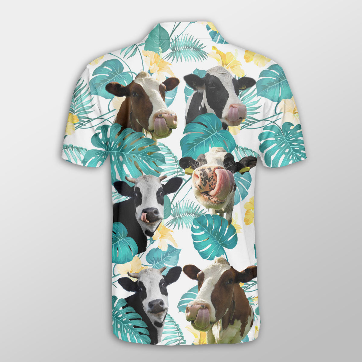 Holstein In Tropical Leaves Pattern Button Polo Shirt/ Cow Farm Shirt