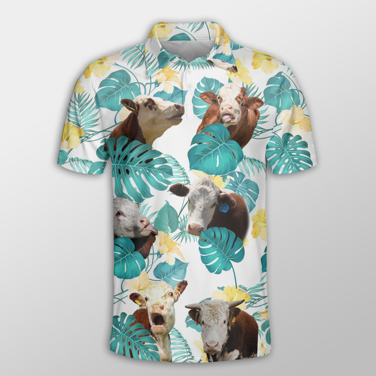 Hereford In Tropical Leaves Pattern Button Polo Shirt/ Idea Shirt for Cow Farmer