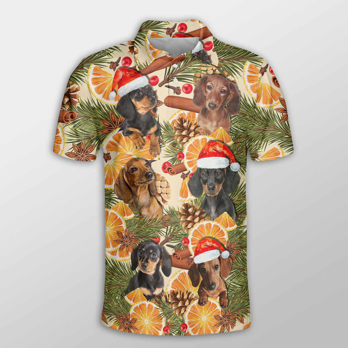Dachshund Christmas Orange Cinnamon Dog Button Polo Shirt/ Christmas Farm Polo Shirt