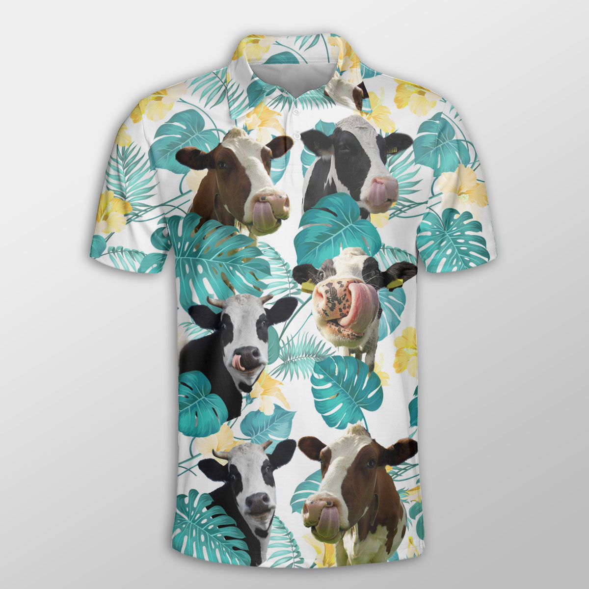 Holstein In Tropical Leaves Pattern Button Polo Shirt/ Cow Farm Shirt