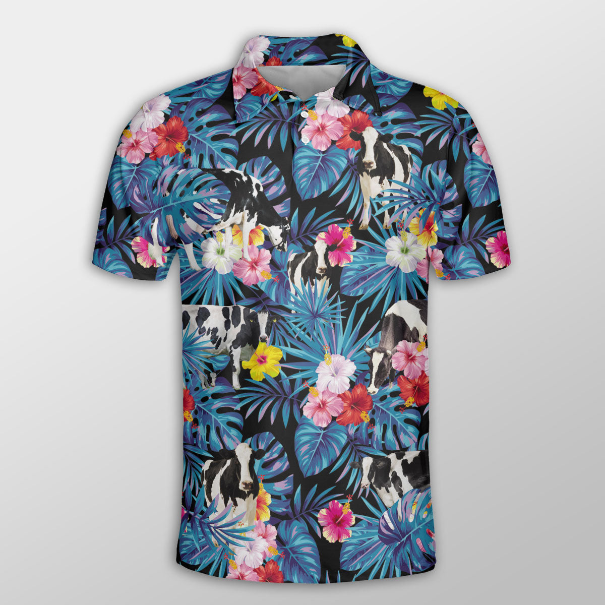 Holstein Tropical Flowers Leaves Pattern Button Polo Shirt/ Cow Polo Shirt/ Gift for Farmers