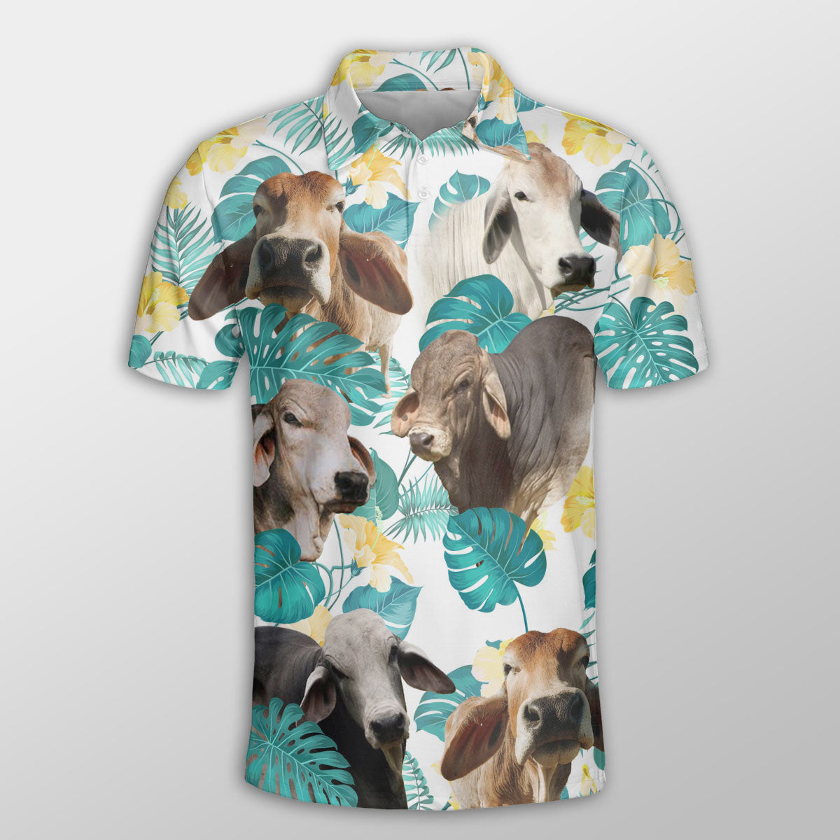 Brahman In Tropical Leaves Pattern Button Polo Shirt/ Idea Shirt for Cow Farmer