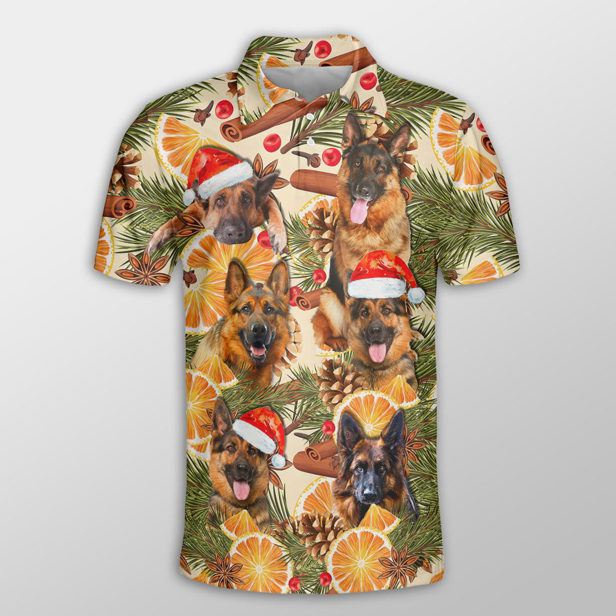 German Shepherd Christmas Orange Cinnamon Dog Button Polo Shirt/ Christmas Farm Polo Shirt