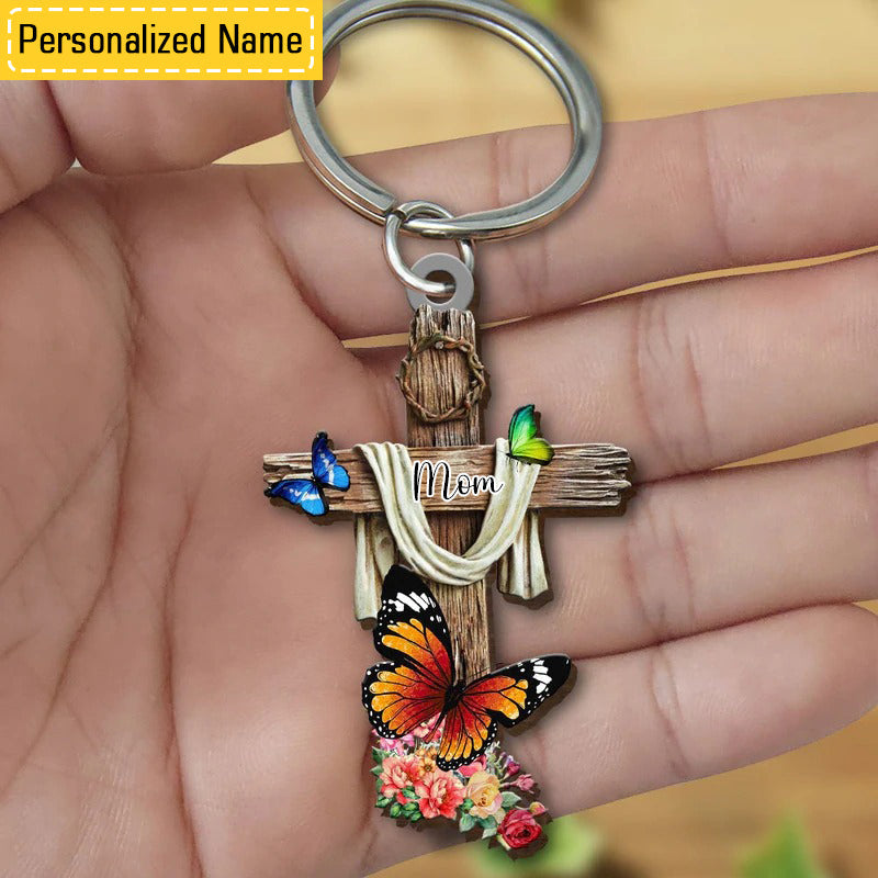 Personalized Memorial Gift Butterfly Cross Keychain/ Gift for Mom Grandma Family