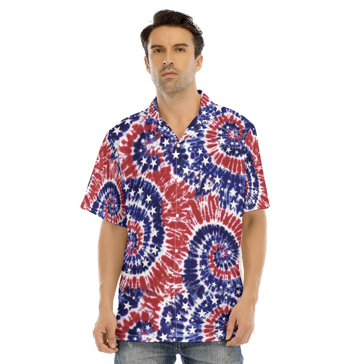 Hawaiian Camp Collar Short Sleeve Button-Down Shirt Tie Dye Swirls Usa