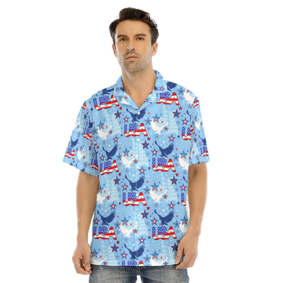 Hawaiian Camp Collar Short Sleeve Button-Down Shirt Usa/ Hawaiian Shirt For Summer And 4Th Of July