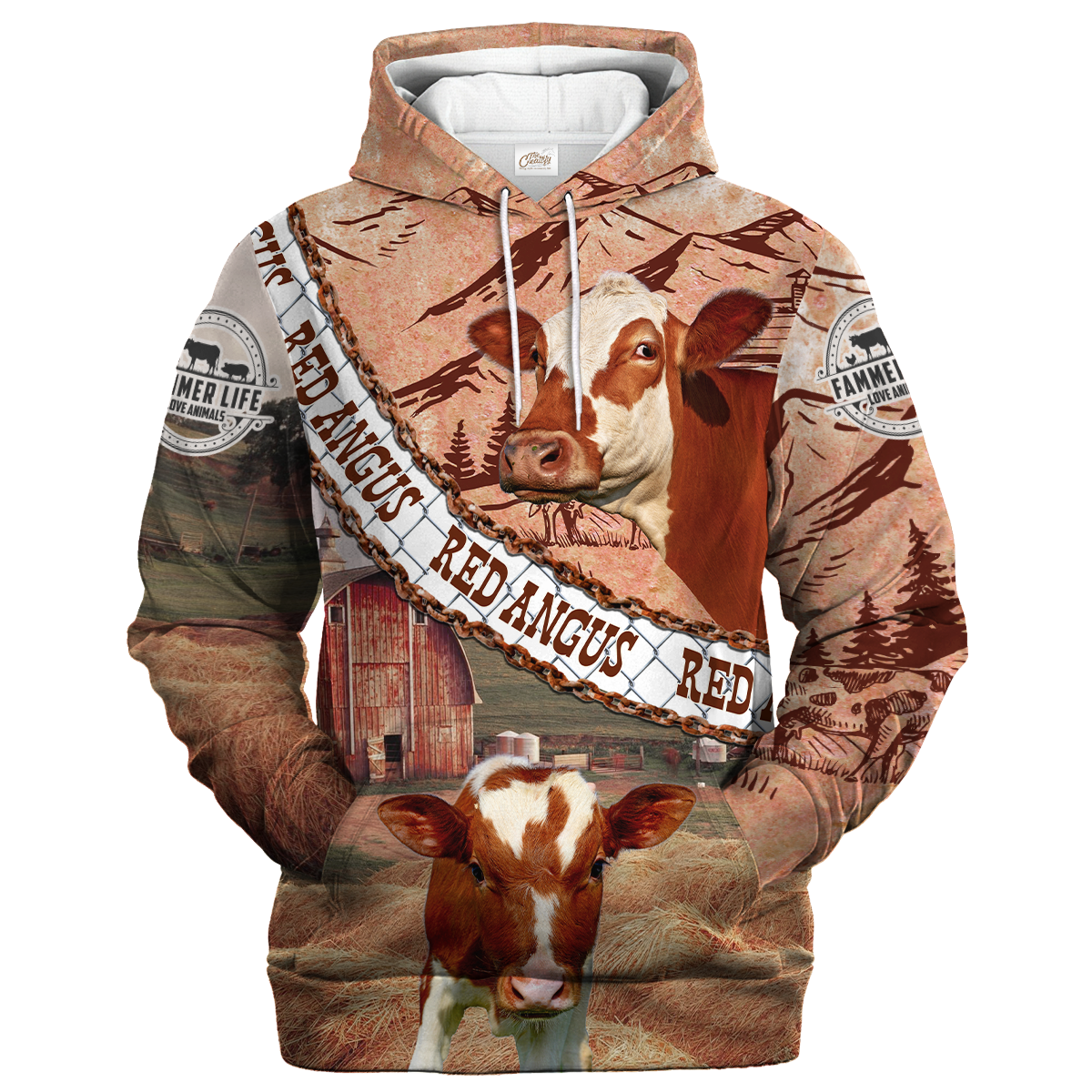 Red Angus With Straw Roll On The Farm Hoodie