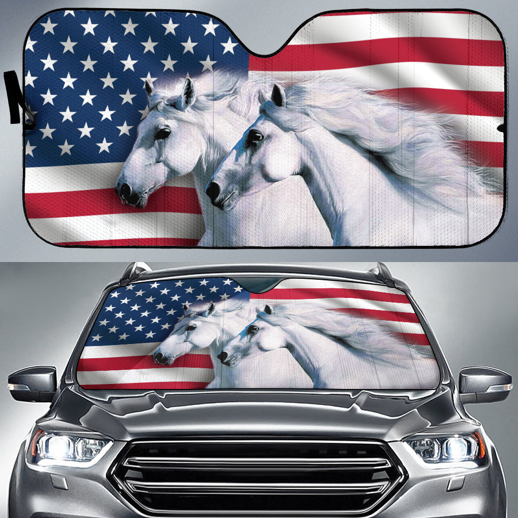 White Horses U.S Flag All Over Printed 3D Car Sun Shade/ Cool Horse Car Sunshade Cover