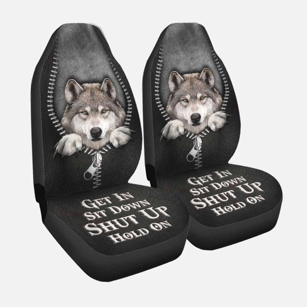 Get In Sit Down Shut Up Hold On/ Wolf Car Seat Covers With Leather Pattern Print