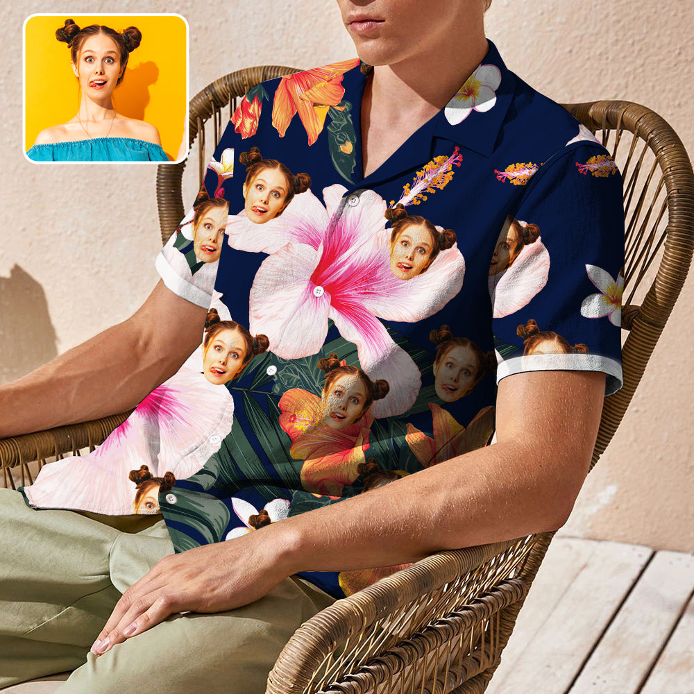 Custom Face Big Flower Camp Collar Hawaiian Shirt Personalized Men Photo Tropical Aloha Shirt
