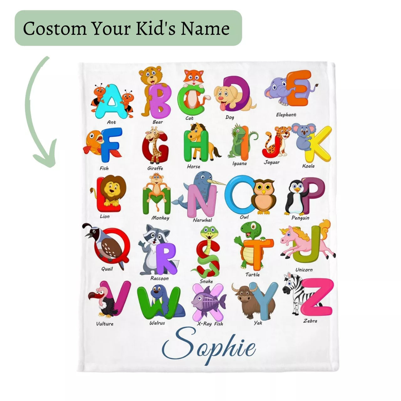Personalized Alphabet Baby Blanket/ Gift For Kid Throw Fleece Sherpa Warm Blanket/ Animal ABC Blanket/ Gift For Kids