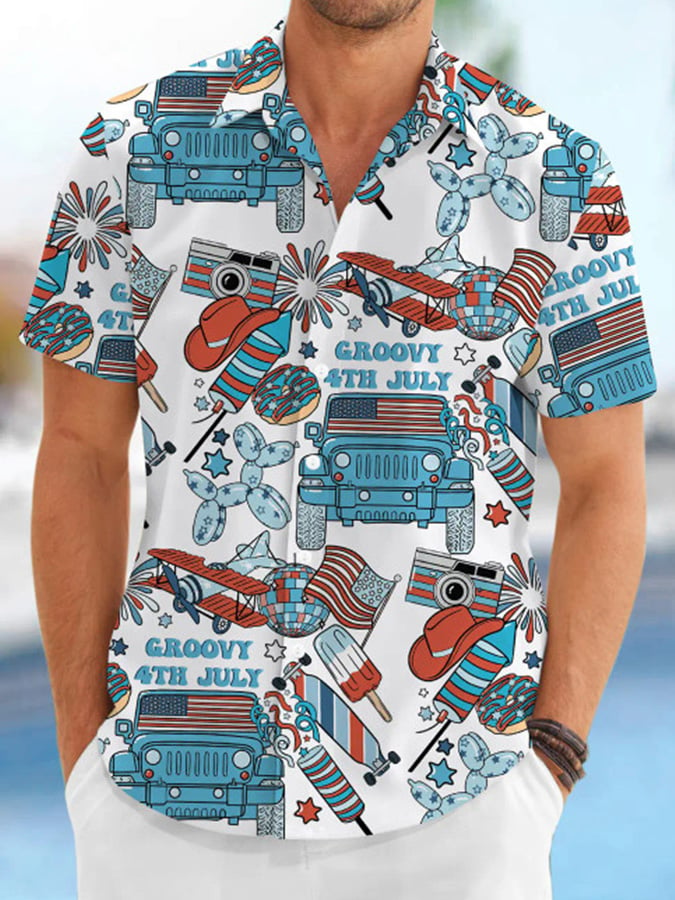 Men''s Groovy Fourth Of July Print Short Sleeve Casual Shirt