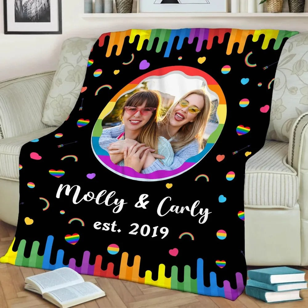 Personalized LGBT Couple Blanket For Lesbian Gay Rainbow Color Design Custom Photo Name And Year For Valentines Day