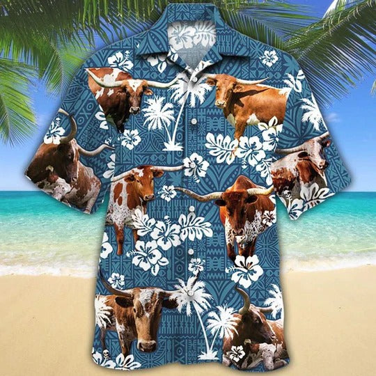 Tx Longhorn Cattle Lovers Blue Tribal Hawaiian Shirt/ Unisex Print Aloha Short Sleeve Casual Shirt