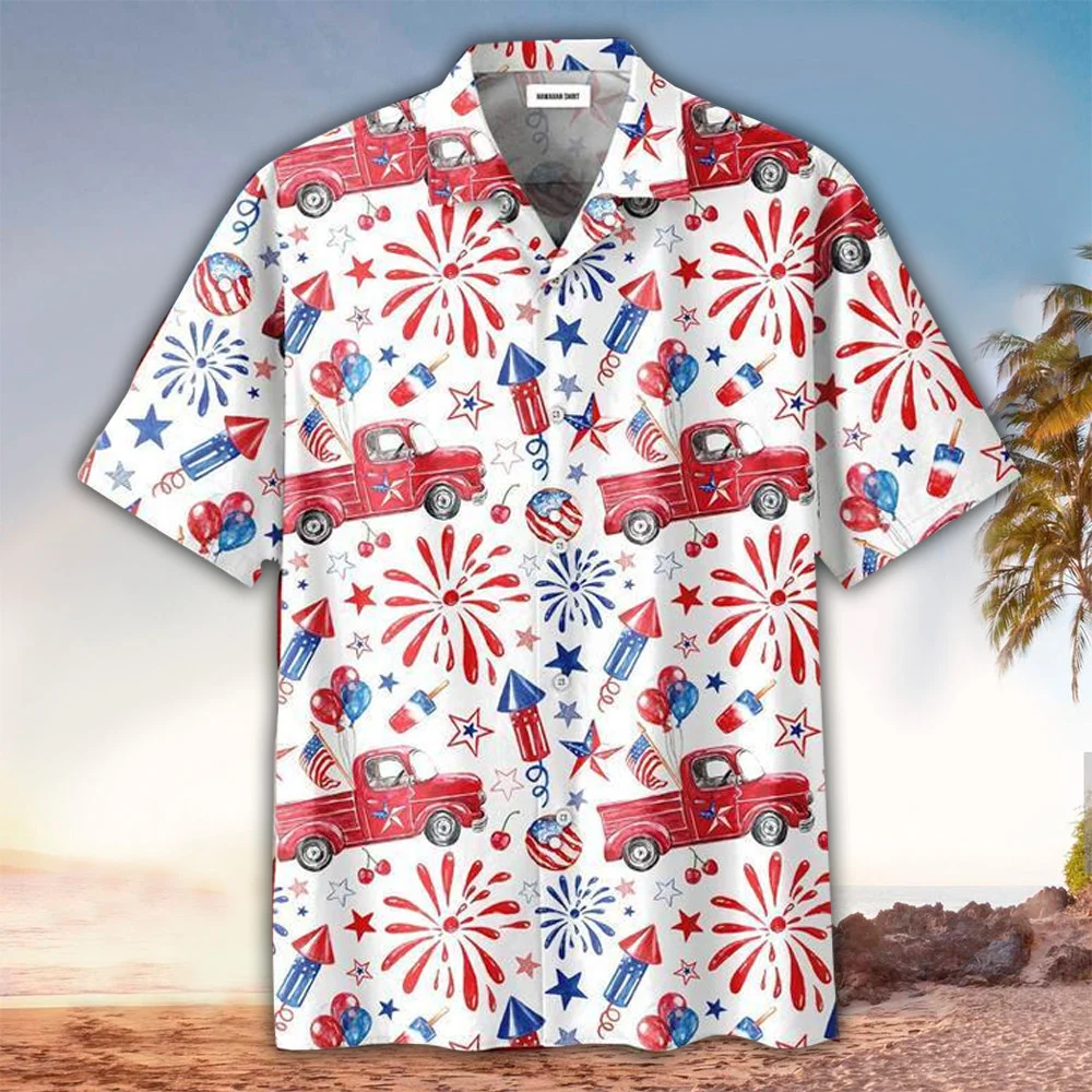 Truck And Firework Pattern Hawaiian Shirt For Men Women - 4th Of July Button Down Aloha Shirt