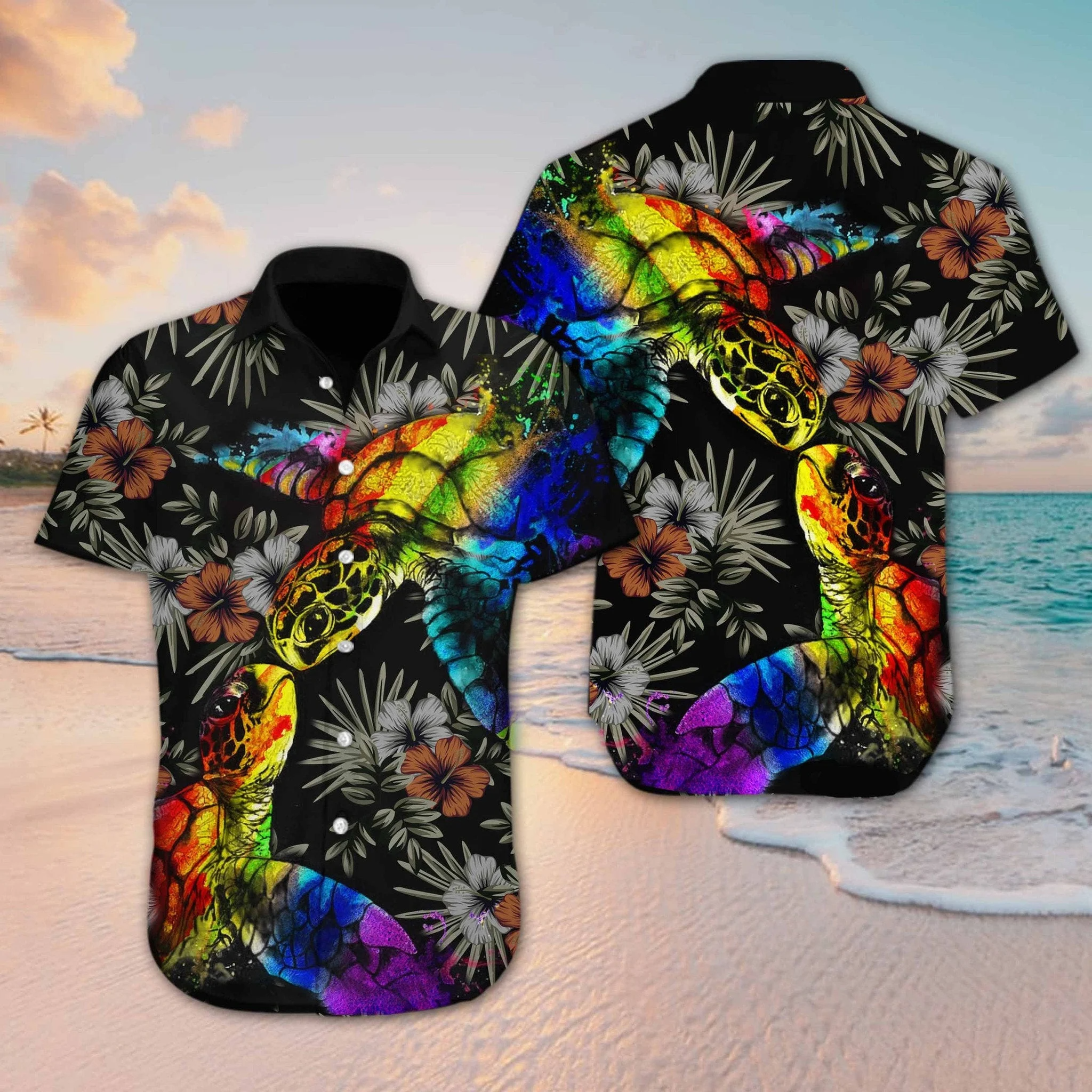 Pride Hawaiian Shirt Gift For Gay/ Colorful Turtle Lgbt Flower Design Hawaiian Shirt