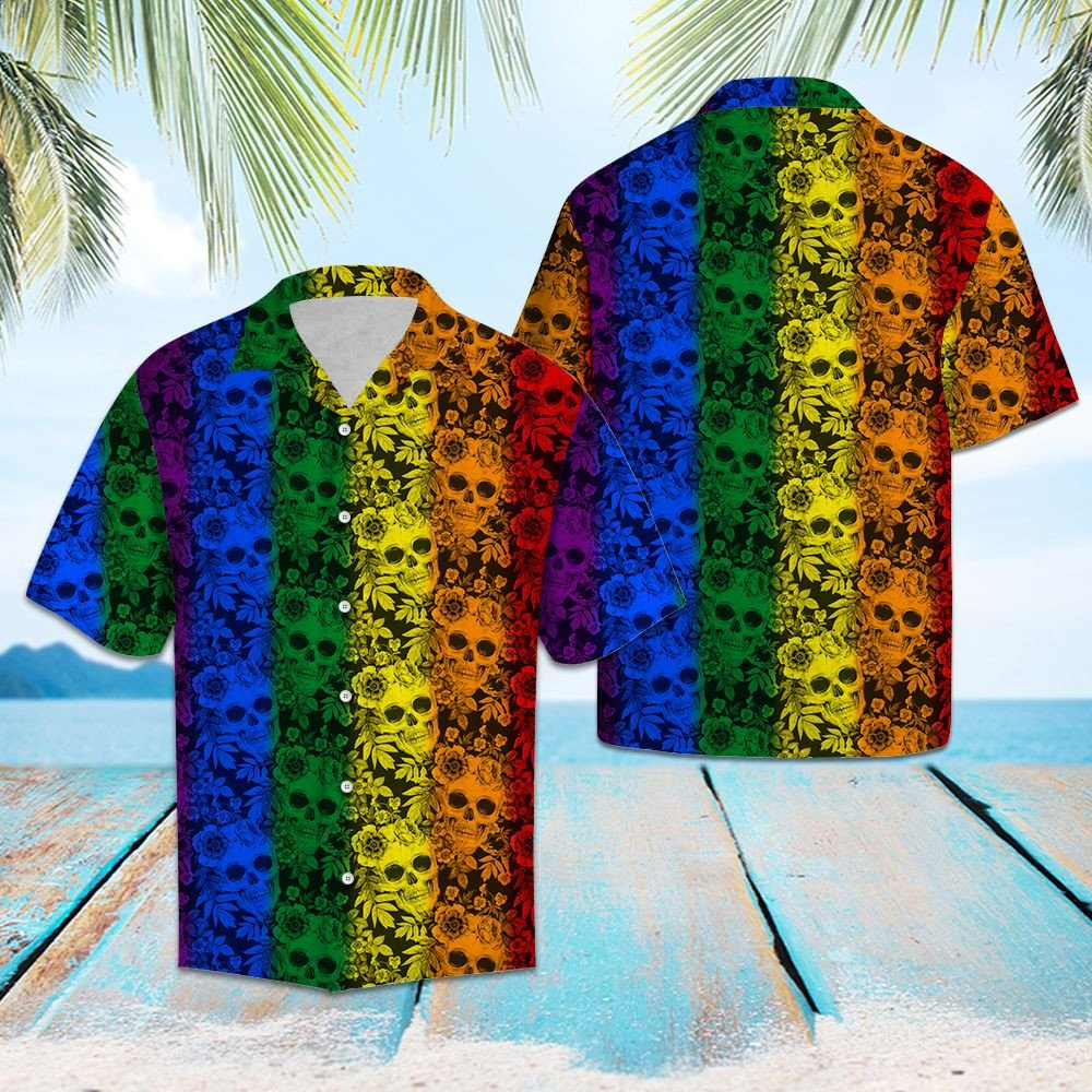 Tropical Plants And Skull Lgbt Color Striped Pattern Hawaiian Shirt/ Gay Pride 3D Shirt