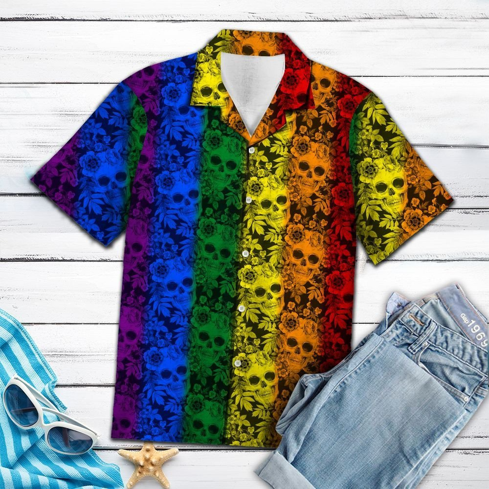Tropical Plants And Skull Lgbt Color Striped Pattern Hawaiian Shirt/ Gay Pride 3D Shirt