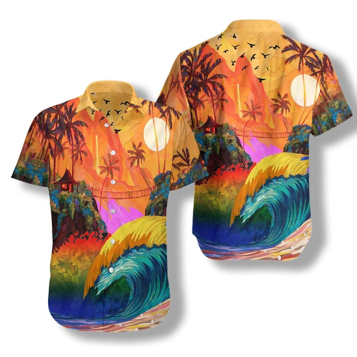 Hawaiian Pride/ LGBT Sunset And Wave Sea Background Hawaiian Shirt