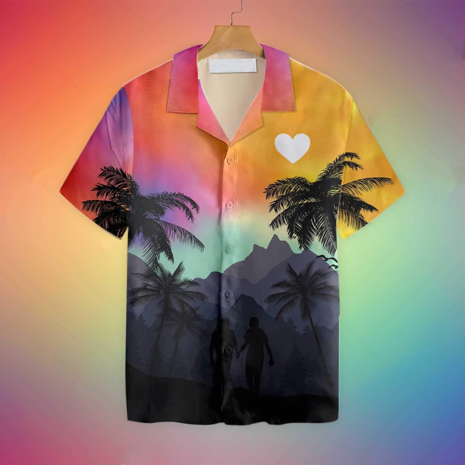 Gay Pride 3D Hawaiian Shirt/ Cool LGBT Sunset With Heart Hawaiian Shirt