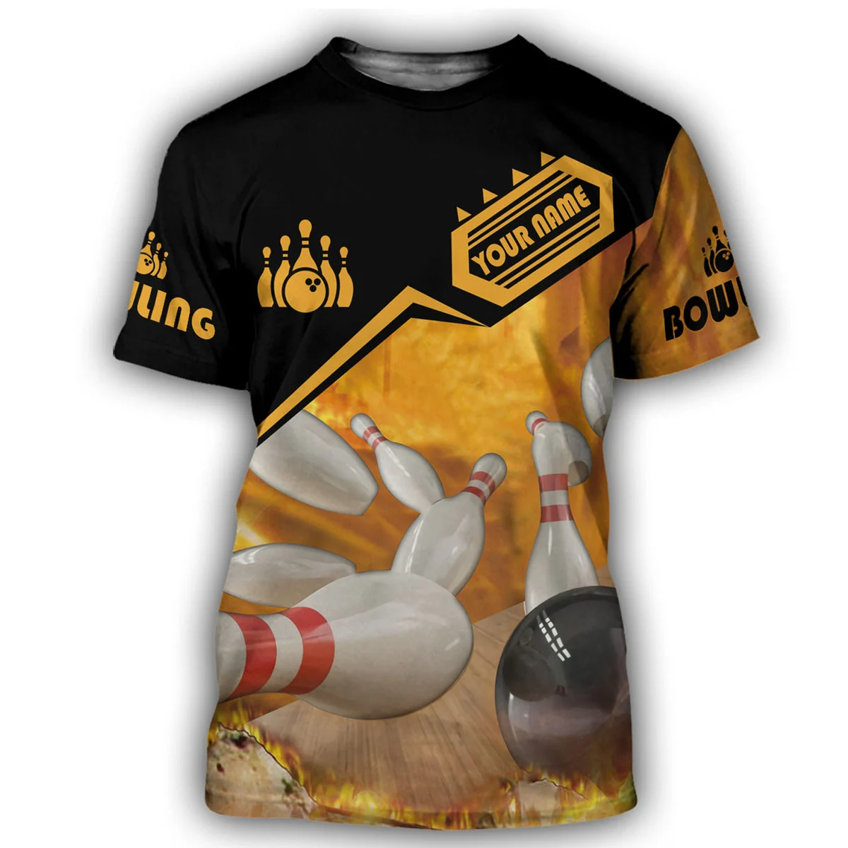 Customized 3D Yellow Bowling Shirt Fire Bowling Tee Shirt