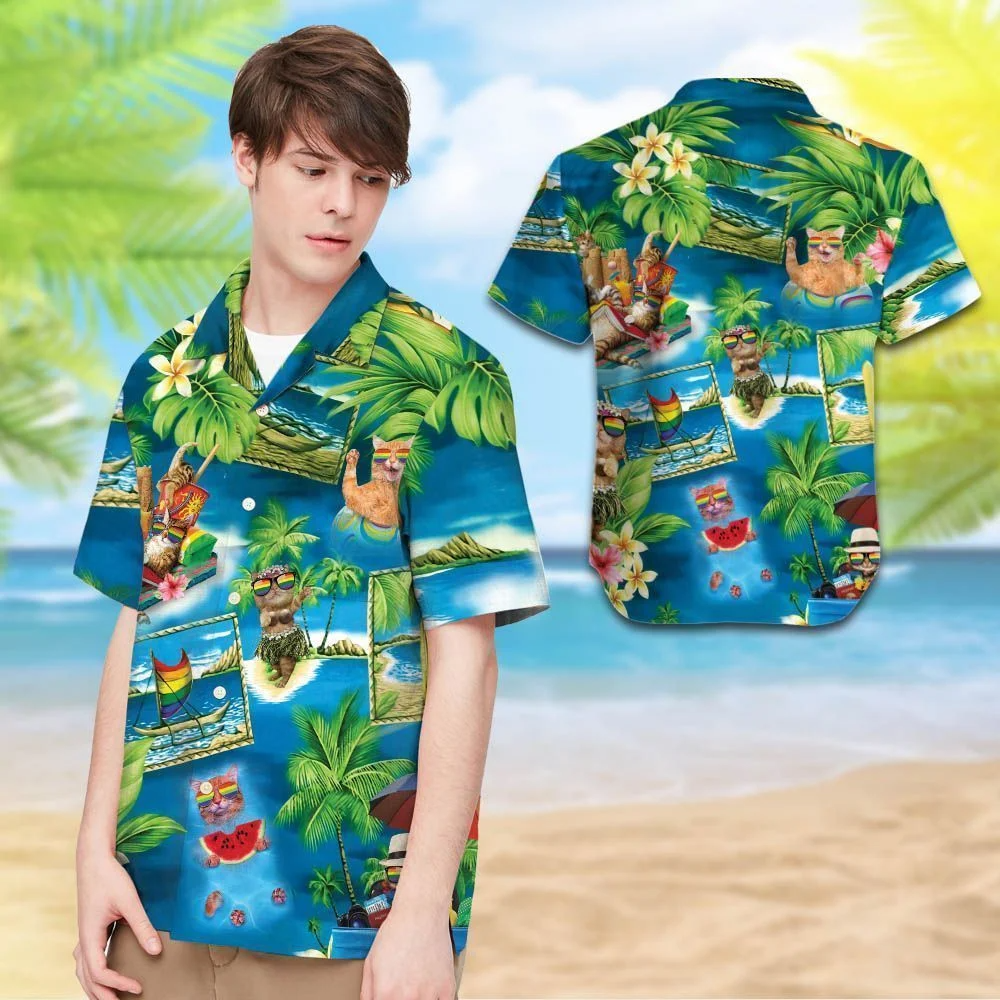 Beach Shirt Felacia Lgbt With Cats And Tropical Leaves For Lgbt Community Hawaiian Shirt /Aloha Shirt