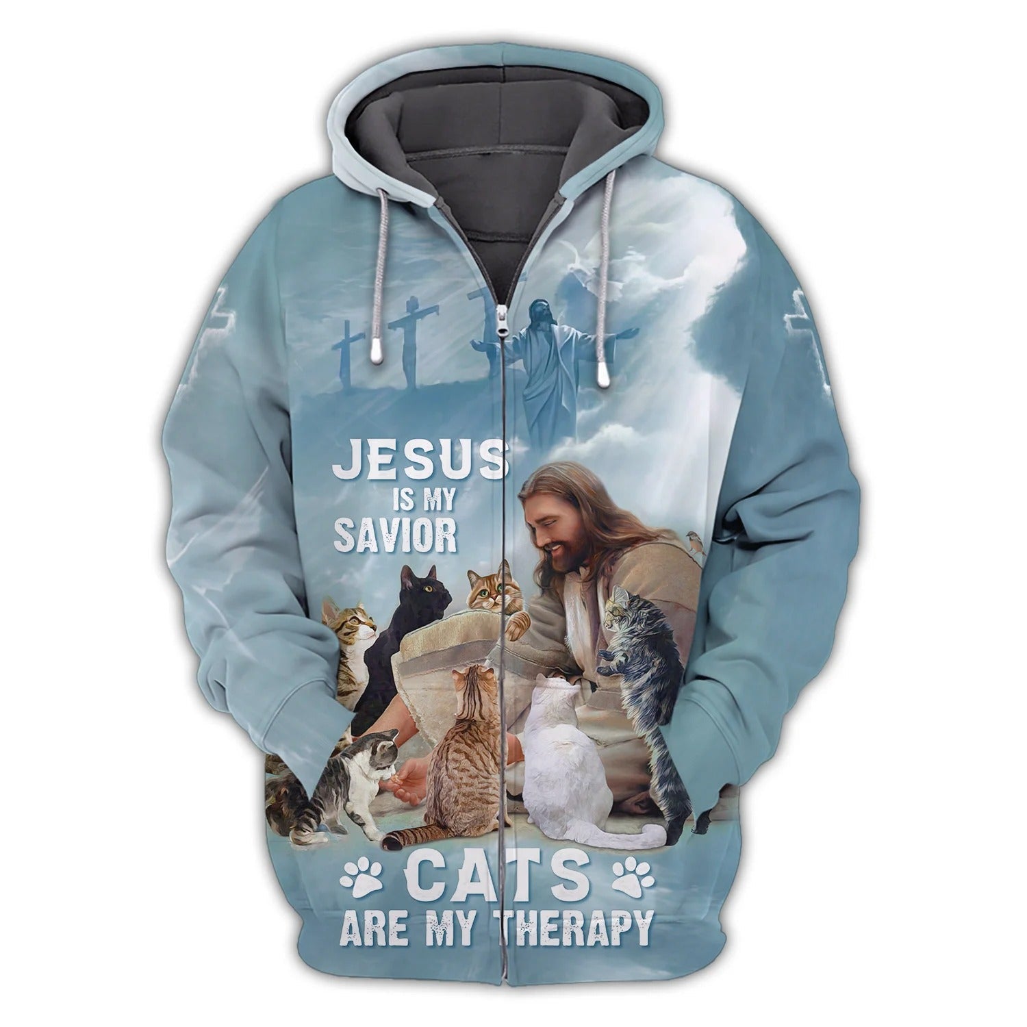 3D All Over Print Cat And Jesus Hoodie/ Jesus Is My Savior/ Cats are My Therapy Sweatshirt/ Cat Tee Shirt