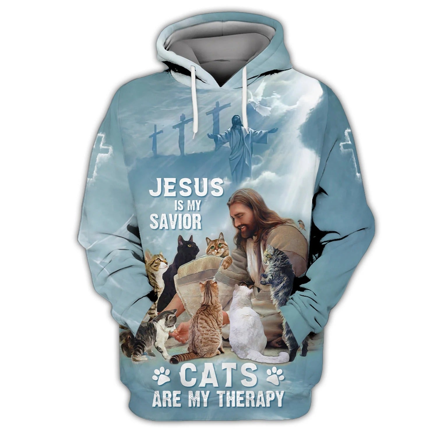 3D All Over Print Cat And Jesus Hoodie/ Jesus Is My Savior/ Cats are My Therapy Sweatshirt/ Cat Tee Shirt
