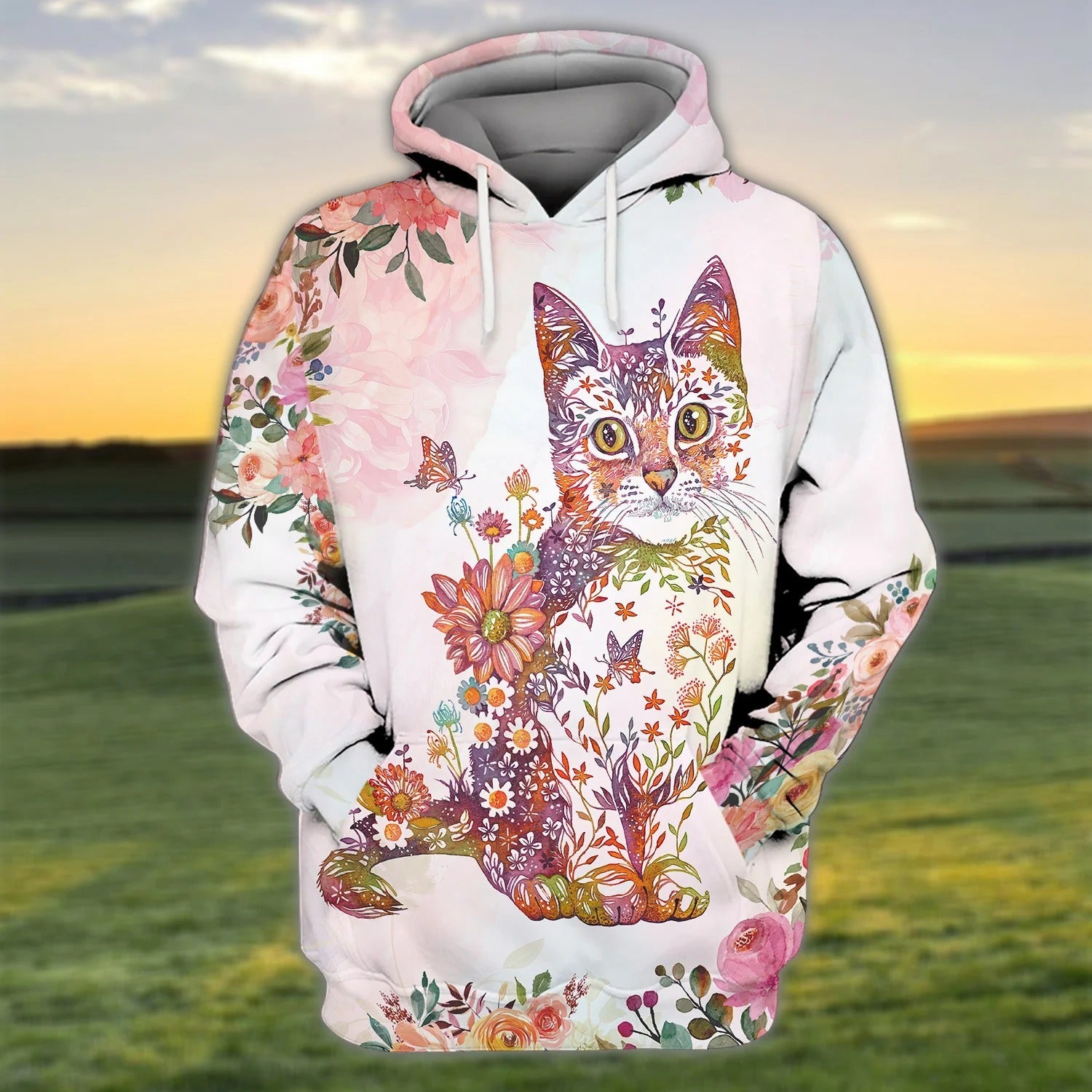 3D All Over Print Cat Hoodie With Flower Pattern/ Cat Print On Shirt/ Cat Lover Outfit