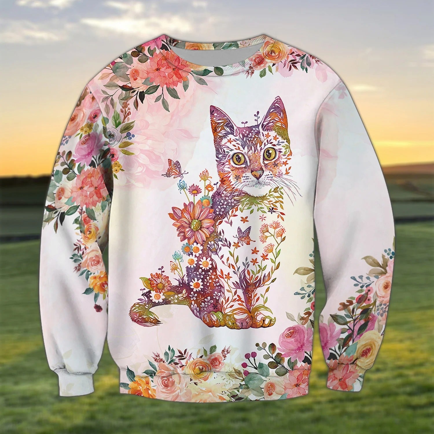 3D All Over Print Cat Hoodie With Flower Pattern/ Cat Print On Shirt/ Cat Lover Outfit