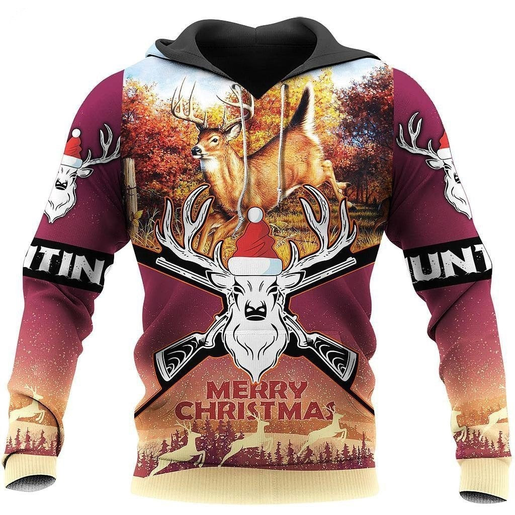 Merry Christmas Deer Hunting Hoodie 3D All Over Print Xmas Hunter Tshirt Christmas Gift For Deer Hunter
