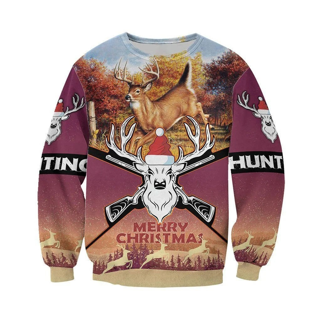 Merry Christmas Deer Hunting Hoodie 3D All Over Print Xmas Hunter Tshirt Christmas Gift For Deer Hunter
