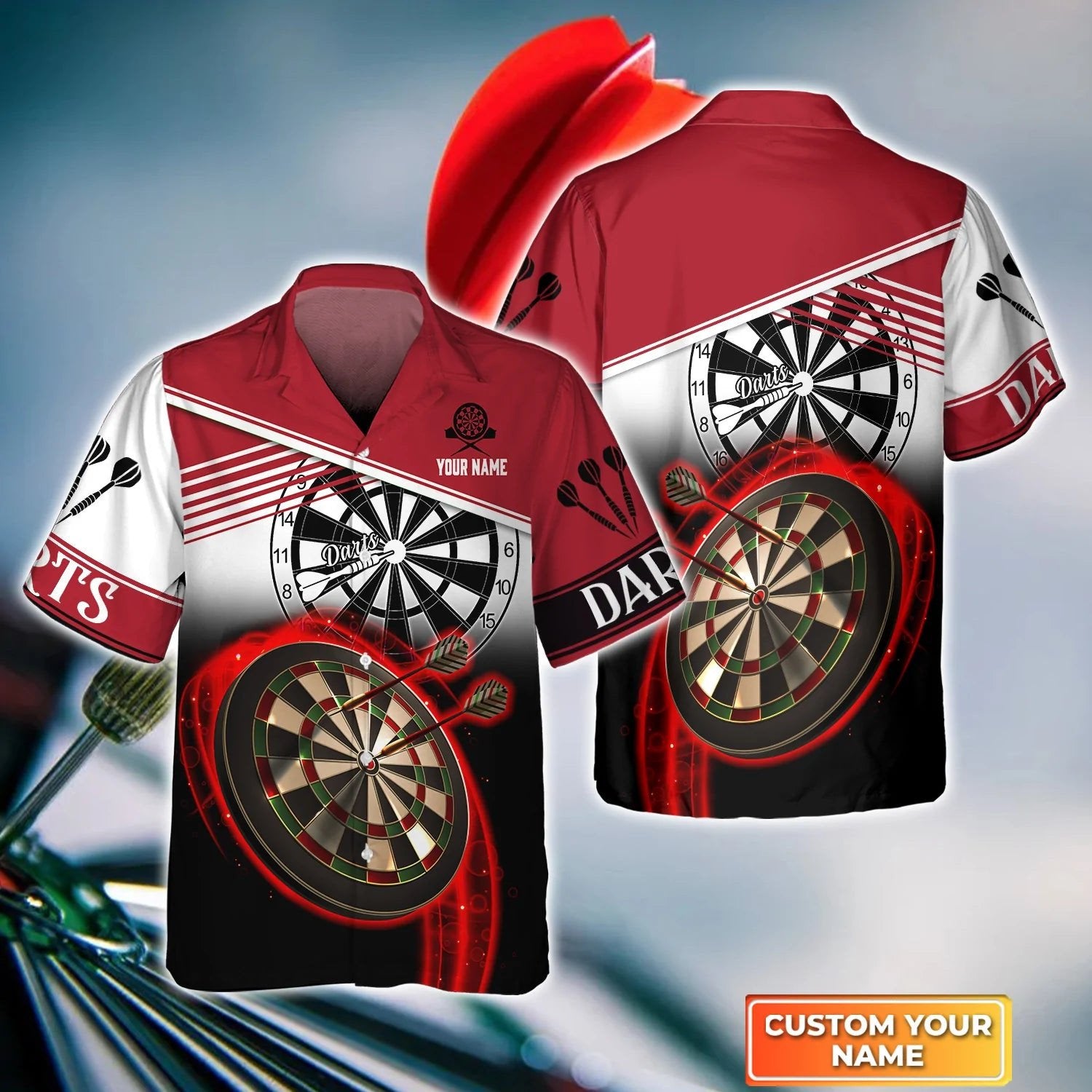 Darts Red Personalized Name 3D Hawaiian Shirt For Darts/ Perfect Gift for Dart Player