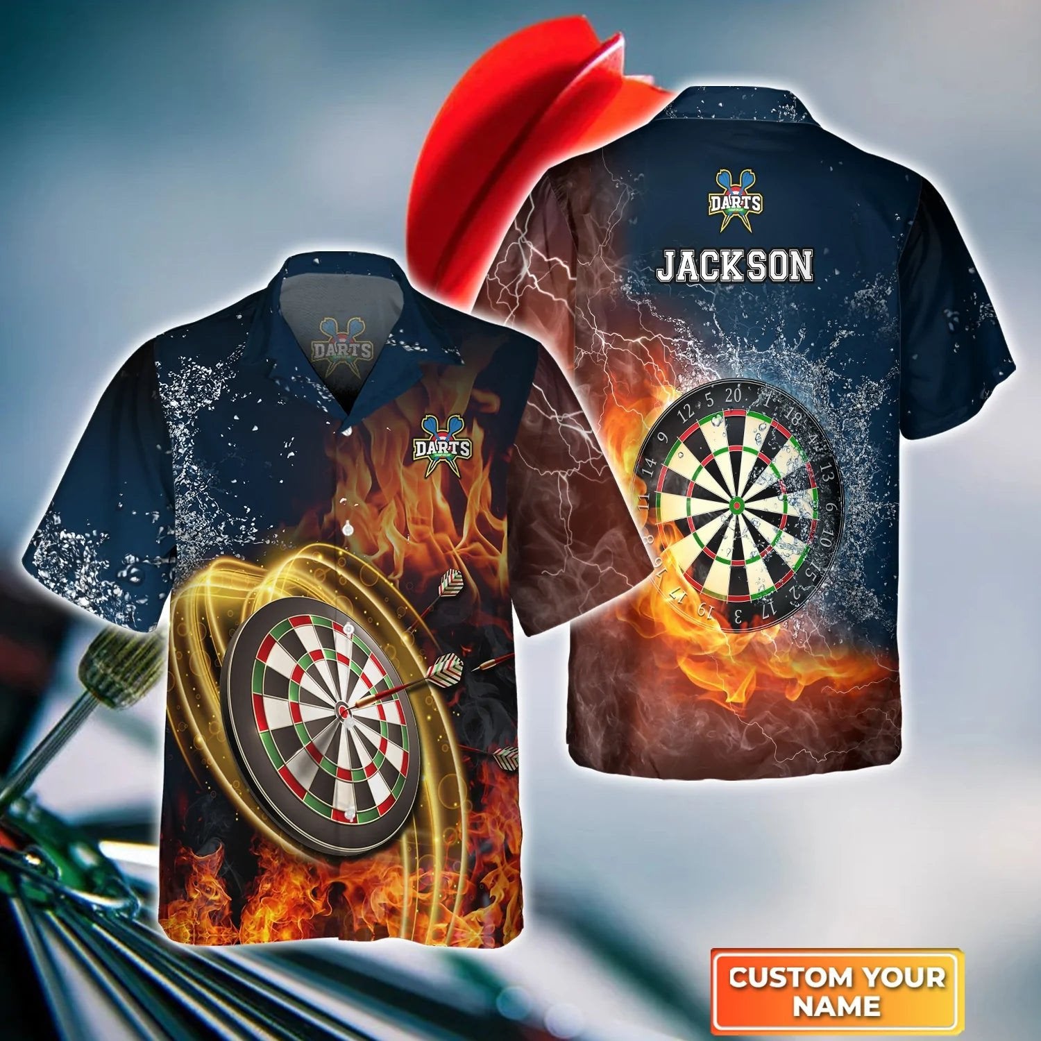 Darts Red Personalized Name 3D Hawaiian Shirt For Darts/ Perfect Gift for Dart Player