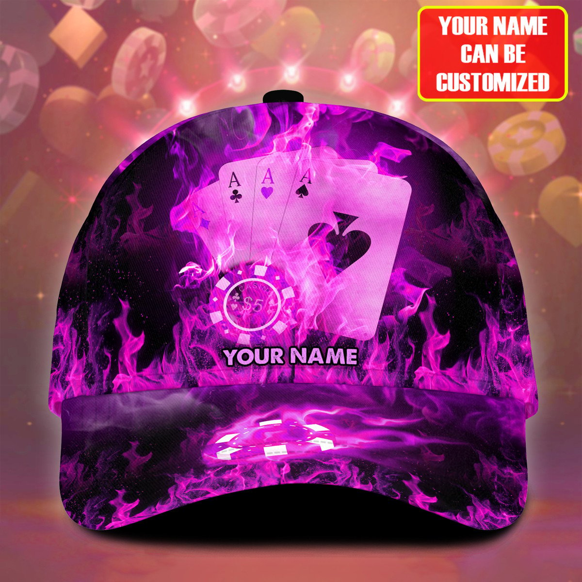 Personalized Name Multi Color Fire Poker Classic Cap/ Poker On Fire Hat for Men