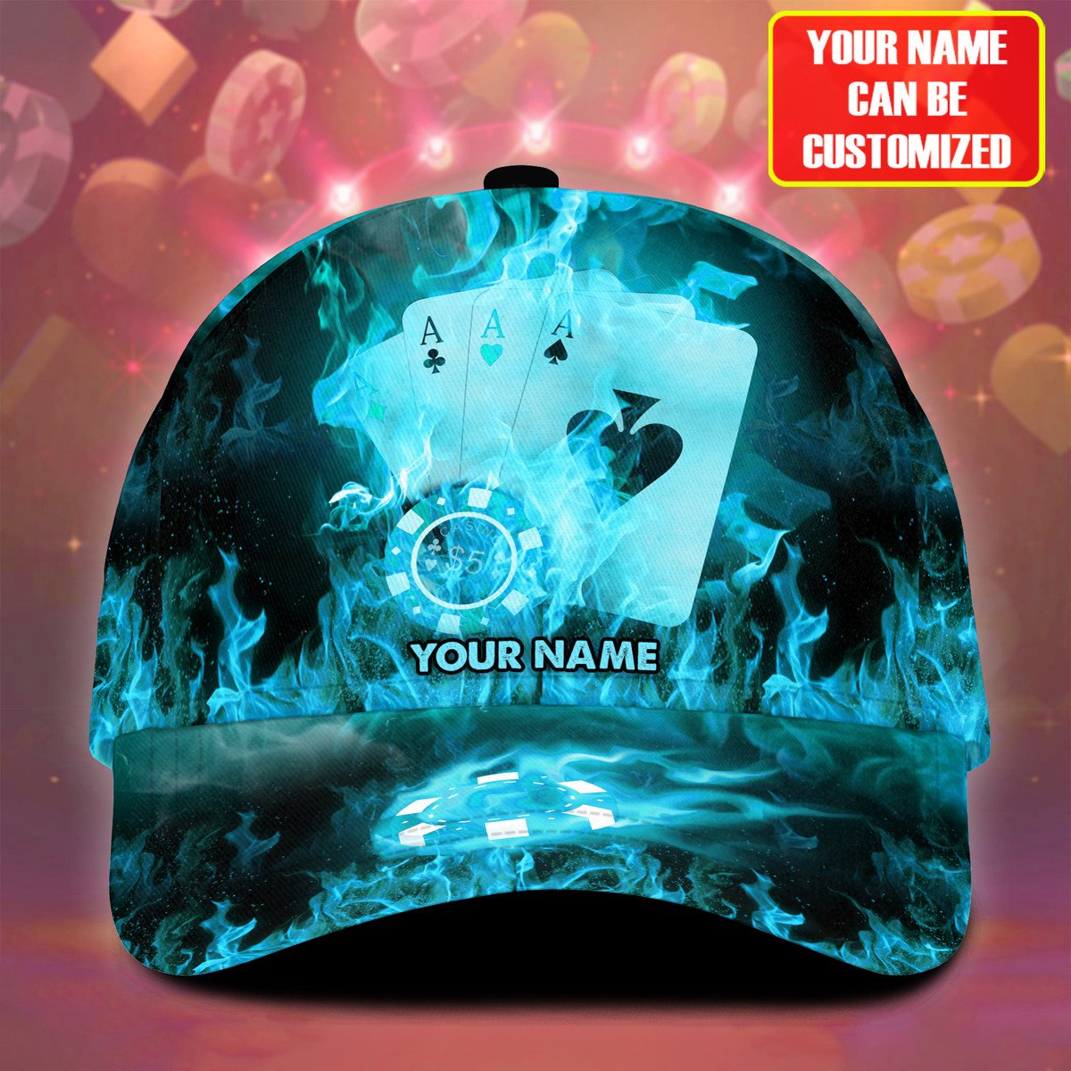 Personalized Name Multi Color Fire Poker Classic Cap/ Poker On Fire Hat for Men