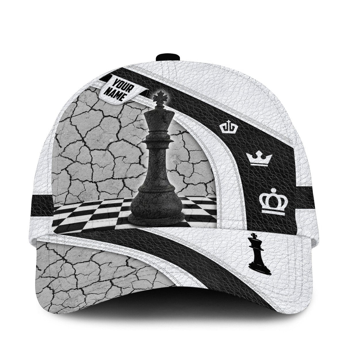 Personalized Name Leather Black and White King Chess Classic Cap/ Gift for Men Love Chess