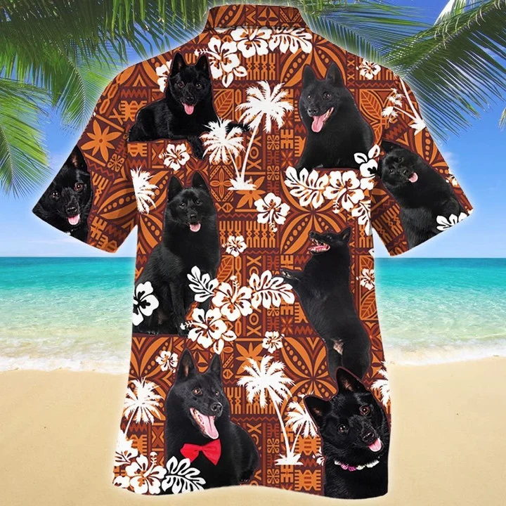Funny Black Schipperke Dog On Red Tribal Pattern Hawaiian Shirt