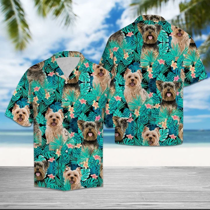 Yorkshire Terrier With Plumeria Flowers And Leaves Hawaiian Shirt
