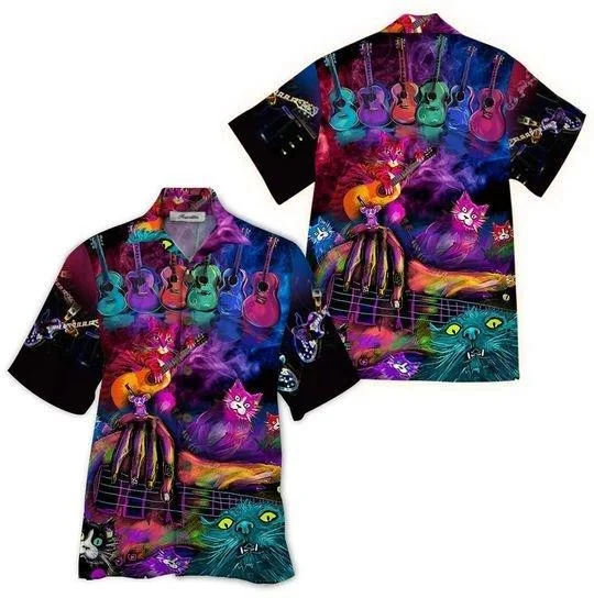 Colorful Guitar Cats Background Design Hawaiian Shirt