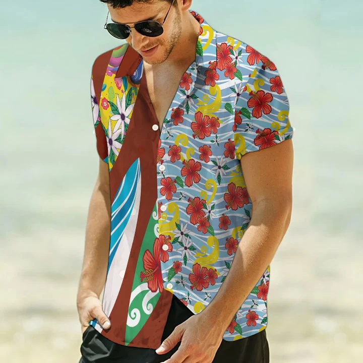 Appealing Surfboard Art With Colorful Flower Pattern Hawaiian Shirt
