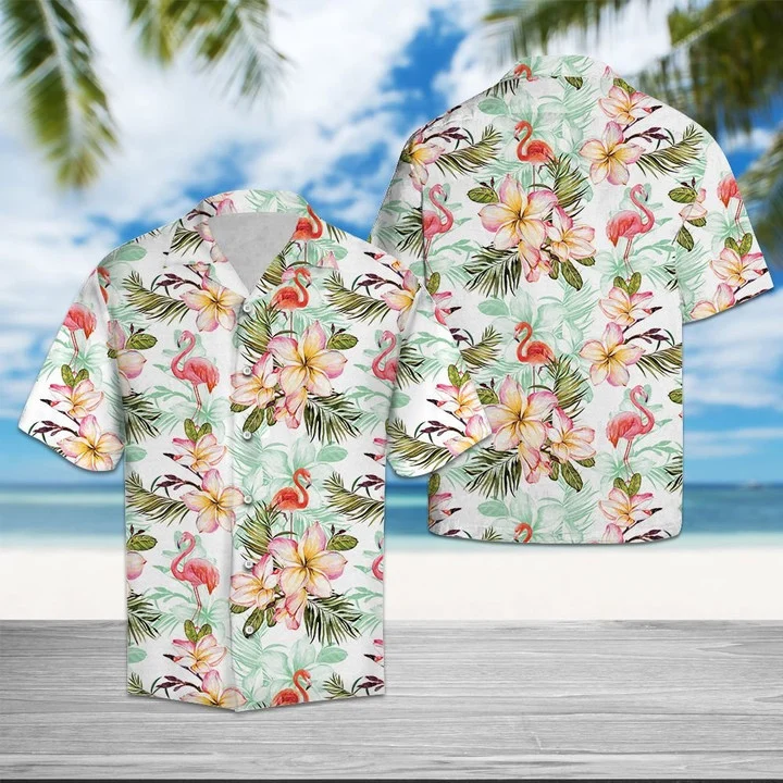 Flamingo Frangipani Flower While Theme Hawaiian Shirt